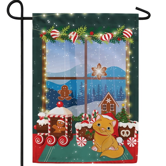 America Forever Gingerbread Train Cat Garden Flag, 12.5 x 18 inch Double Sided, Christmas Cat Kitten Banner, Holiday Train Outdoor Decor, Santa Hat Winter Yard Decorations, Xmas Gingerbread