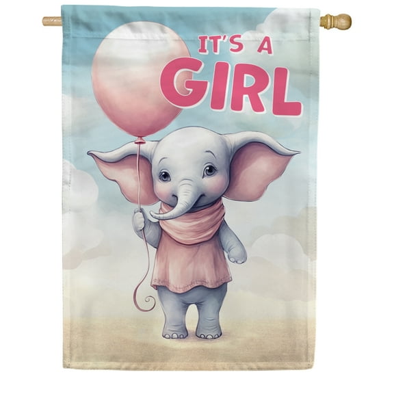 America Forever It's A Girl House Flag 28 x 40 inch Double Sided Elephant Balloons Baby Girl Flag for Baby Shower Birth Announcement Gender Reveal Newborn Baby Welcome Outdoor Yard Decoration
