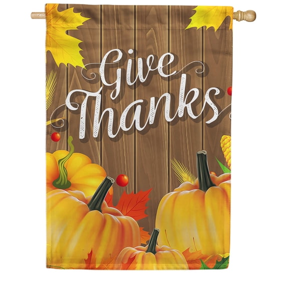 America Forever Give Thanks House Flag, 28 x 40 inch Double Sided, Rustic Wood Grain Banner, Fall Pumpkin Decoration, Autumn Seasonal Outdoor Decor, Thanksgiving Yard Flag