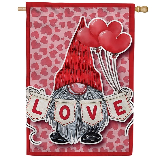 America Forever Gnome Love House Flag, 28 x 40 inch Double Sided, LOVE Letters Hearts Banner, Valentine Gnome Decoration, Outdoor Yard Decor, February Holiday Spring