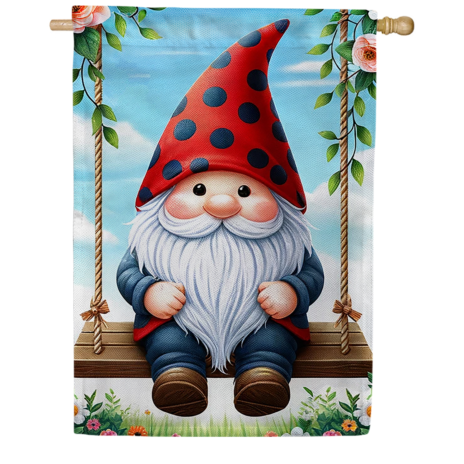 America Forever Gnome Spring Swing House Flag 28 x 40 inch Double Sided Garden Gnome Tree Swing Roses Flowers Spring Summer Seasonal Outdoor Yard Decorative Flag