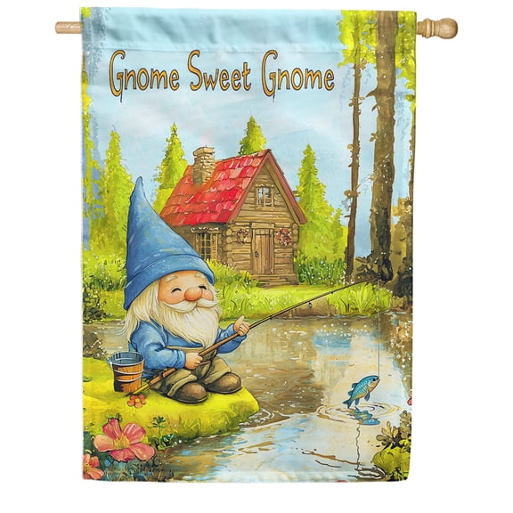 America Forever Gnome Sweet Gnome House Flag, 28 x 40 inch Double Sided, Fishing Cabin Banner, Forest Cottage Nature Outdoor Yard Decorations