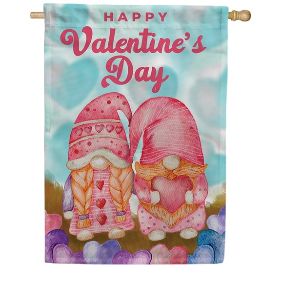 America Forever Gnome Valentine Couple House Flag, 28 x 40 inch Double Sided, Happy Valentine Day Pink Gnomes, Hearts Love Banner, Outdoor Yard Decor, February Holiday Decoration