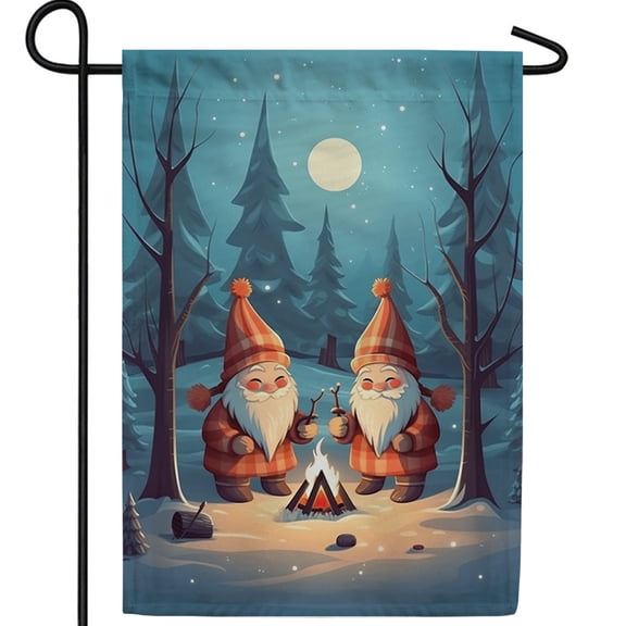 America Forever Gnome Winter Campfire Garden Flag, 12.5 x 18 inch Double Sided, Snow Moon Night Scene Seasonal Holiday Outdoor Yard Banner Home Decoration