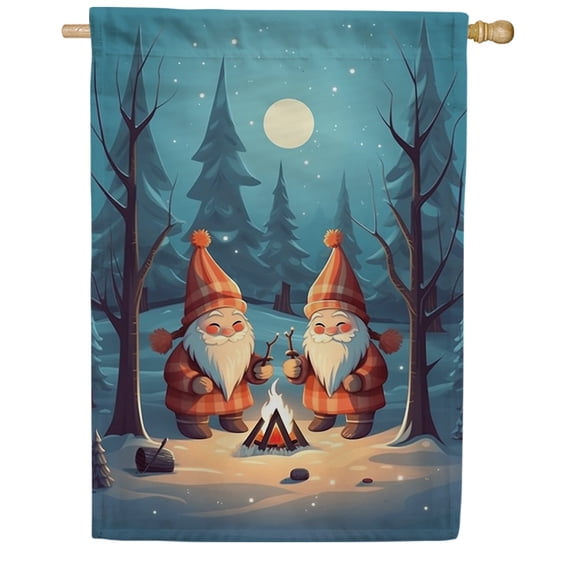 America Forever Gnome Winter Campfire House Flag, 28 x 40 inch Double Sided, Snow Moon Scene Banner, Seasonal Outdoor Decor, Yard Decoration, Cold Weather Holiday Farmhouse