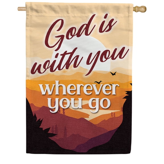 America Forever God Is Always With You House Flag, 28 x 40 inch Double Sided, Mountain Sunset Banner, Scripture Verse Decoration, Religious Inspiration Outdoor Decor, Faith Journey Yard Flag