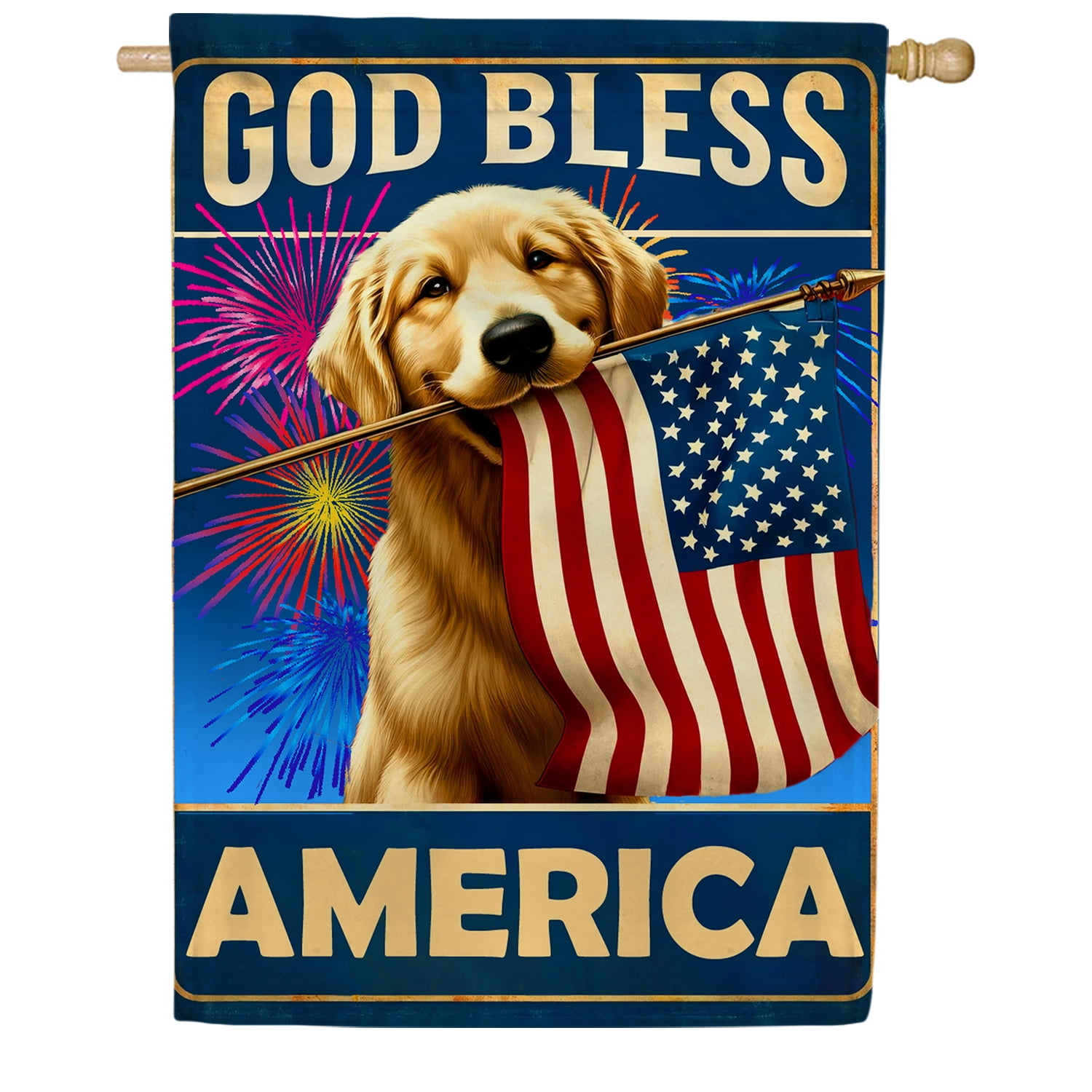 America Forever God Bless America Dog House Flag, 28 x 40 inch Double Sided, 4th of July Golden Retriever, Fourth of July Memorial Independence Day House Flag Outdoor Yard Decor