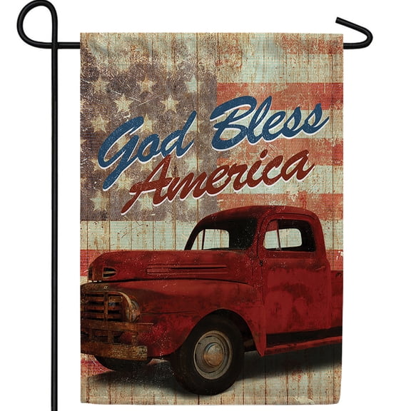 America Forever God Bless America Red Truck Garden Flag, 12.5 x 18 inch Double Sided, Pickup United States Flag Wood, Vintage Rustic Patriotic, Outdoor Yard Banner Decoration Display