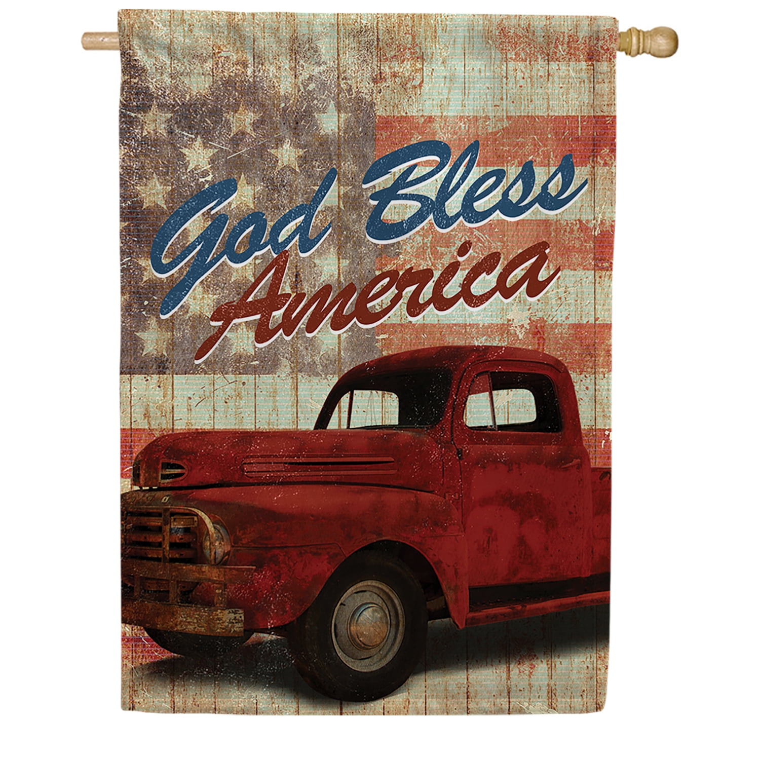 America Forever God Bless America Red Truck House Flag, 28 x 40 inch Double Sided, Patriotic Banner, Pickup Wooden USA Painted Vintage Outdoor Decor, Country Yard Flag