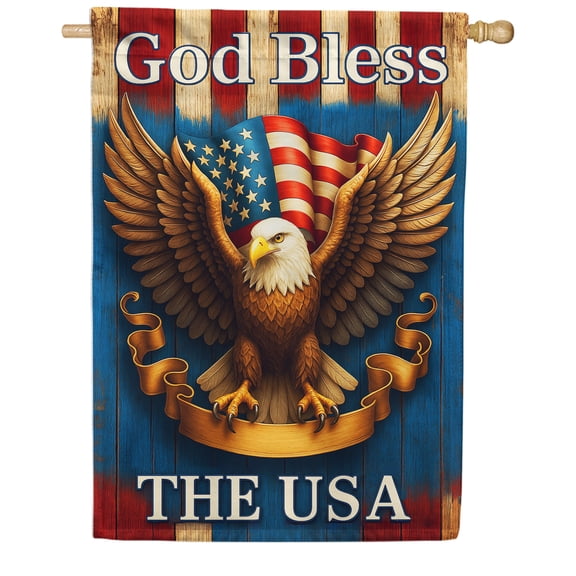 America Forever God Bless The USA House Flag, 28 x 40 inch Double Sided, Bald Eagle with American Flag, Patriotic Religious Decor, Memorial Day 4th of July Flag