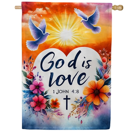 America Forever God Is Love Doves House Flag, 28 x 40 inch Double Sided, 1 John 4:8 Scripture Watercolor Floral Christian Religious Cross Outdoor Decor