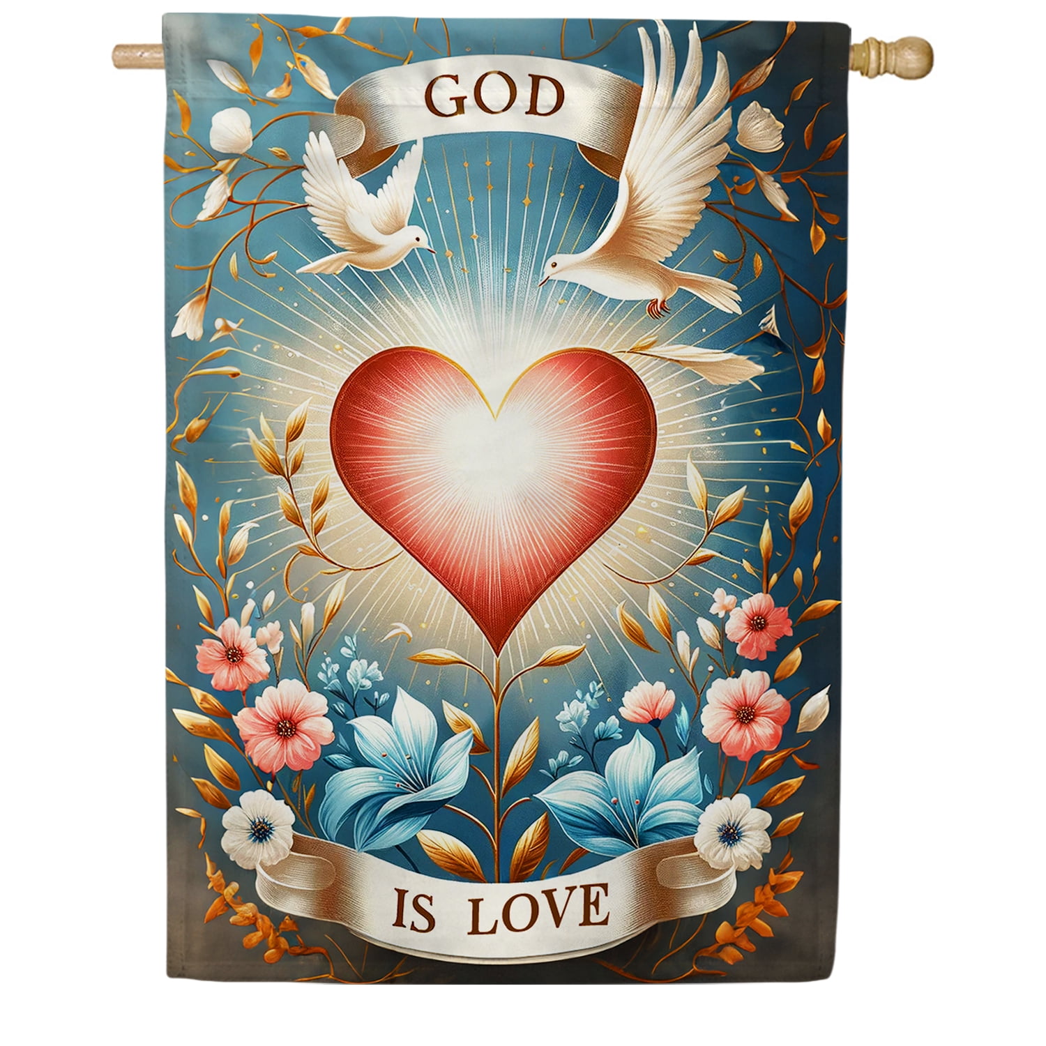 America Forever God Is Love House Flag, 28 x 40 inch Double Sided, Sacred Heart Doves Floral Christian Religious Inspirational Spiritual Outdoor Decor
