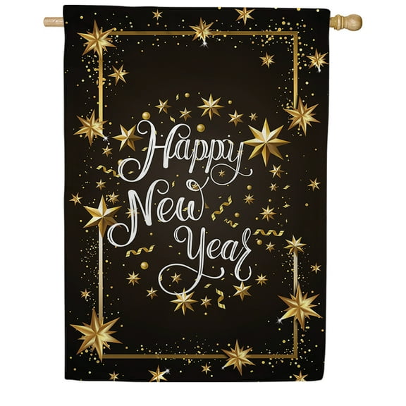 America Forever Golden New Year House Flag, 28 x 40 inch Double Sided, Happy New Year Gold Frame Design, Stars Confetti Celebration, Holiday Party Banner, Festive Outdoor Decor