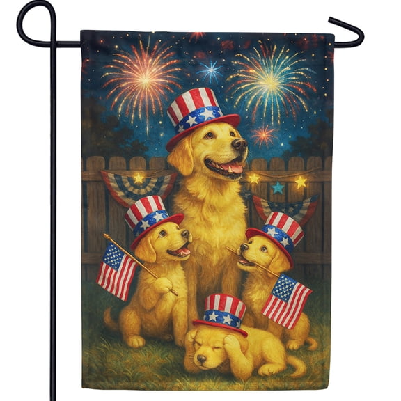America Forever Golden Retriever Family 4th of July Garden Flag, 12.5 x 18 inch Double Sided, Fireworks Dog, Patriotic Puppies, Independence Day Uncle Sam Hats
