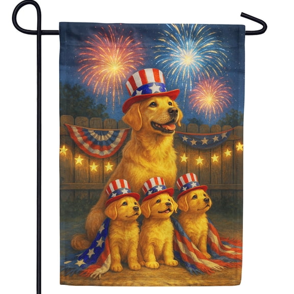 America Forever Golden Retriever Puppies 4th of July Garden Flag, 12.5 x 18 inch Double Sided, Fireworks Dog, Patriotic Puppies, Independence Day Uncle Sam Hats