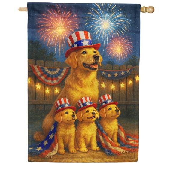 America Forever Golden Retriever Puppies 4th of July House Flag, 28 x 40 inch Double Sided, Fireworks Dog, Patriotic Puppies, Independence Day Uncle Sam Hats