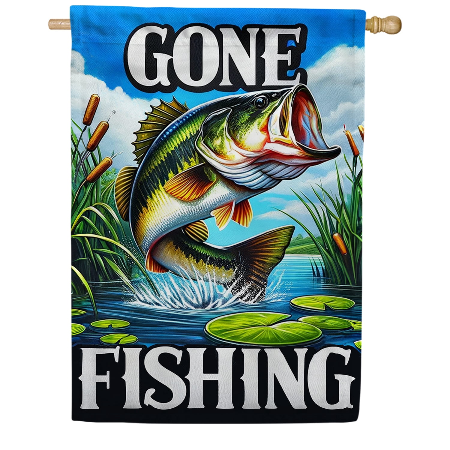 America Forever Gone Fishing Bass House Flag, 28 x 40 inch Double Sided, Lake Adventure Banner, Outdoor Fishing Decor, Angler Yard Flag