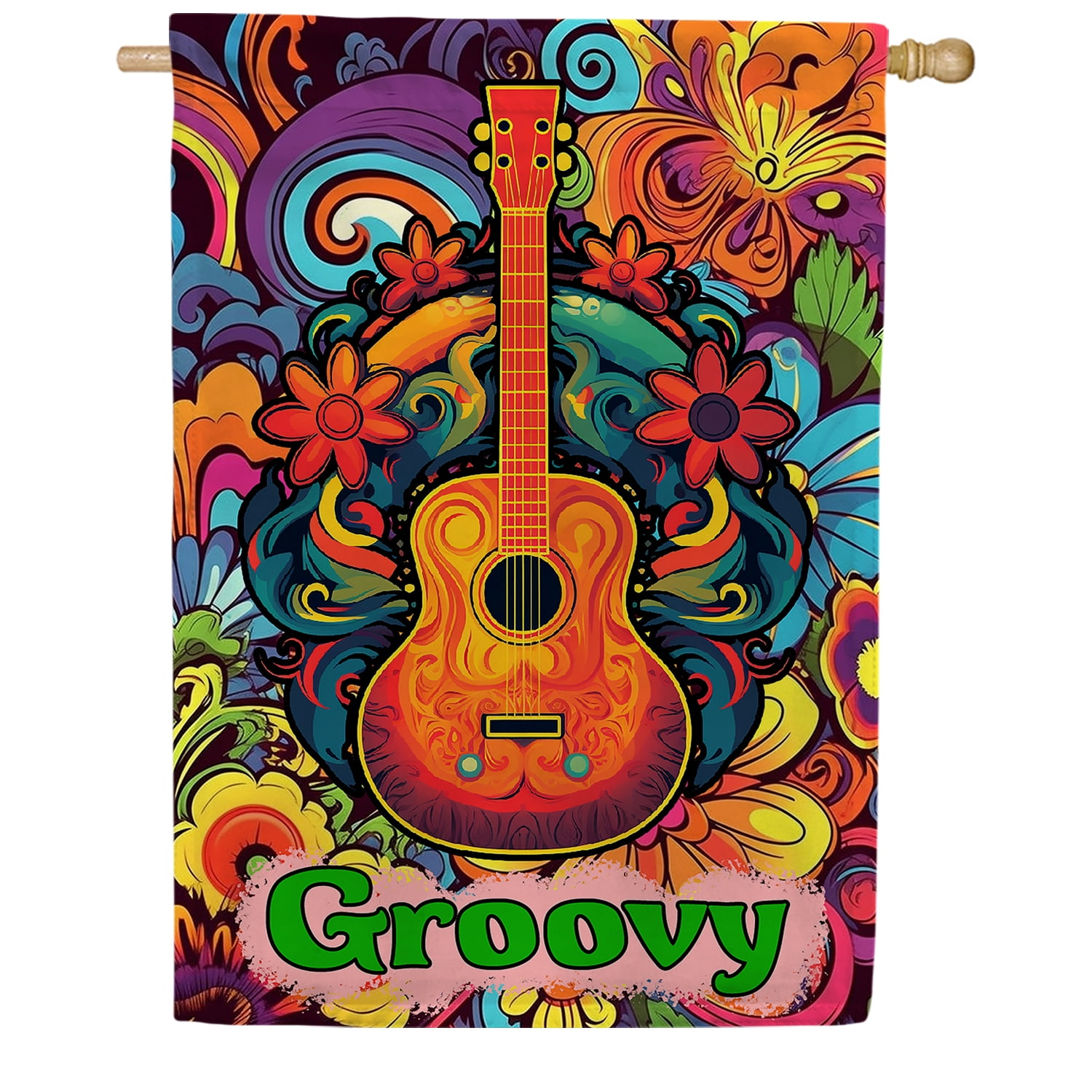 America Forever Groovy Guitar House Flag 28 x 40 inch Double Sided Psychedelic Music Flowers Hippie Colorful Retro Outdoor Yard Decorative Flag