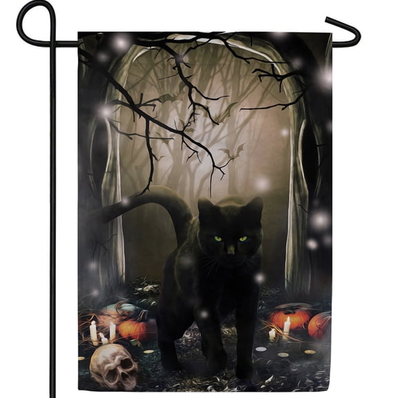 America Forever Halloween Black Cat Garden Flag Double Sided 12.5 x 18 inches Holiday Festive Fall Season Black Cat Walking, Pumpkins, Candles Decor for Fall Festive Season