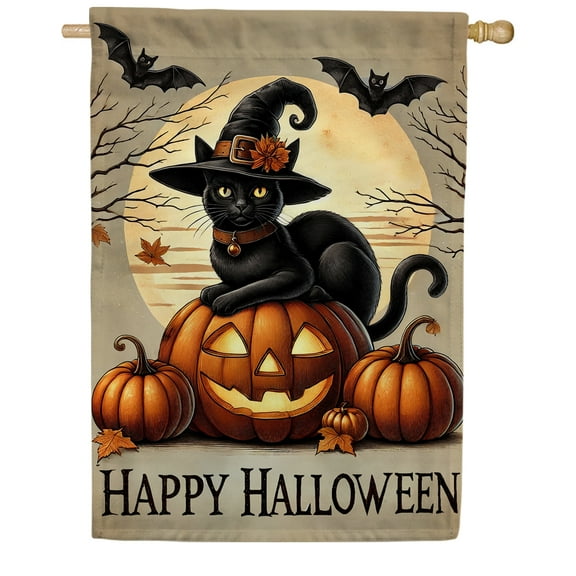 America Forever Halloween Black Cat House Flag, 28 x 40 inches Double Sided, Happy Halloween House Flag, Jack-O-Lantern Flag, Cat With Witch Hat House Flag, Halloween Yard Decor Seasonal Flags