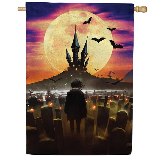 America Forever Halloween Graveyard House Flag Double Sided Vertical 28 x 40 inches Yard, Outdoor Decor Halloween Decoration, Halloween Moon House Flag