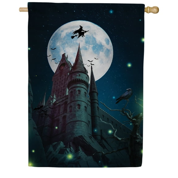 America Forever Halloween House Flag Castle, Double Sided 28 x 40 inches Witch on a Broomstick Holiday Yard Outdoor Decorative Double Sided Spooky Haunted House House Flag