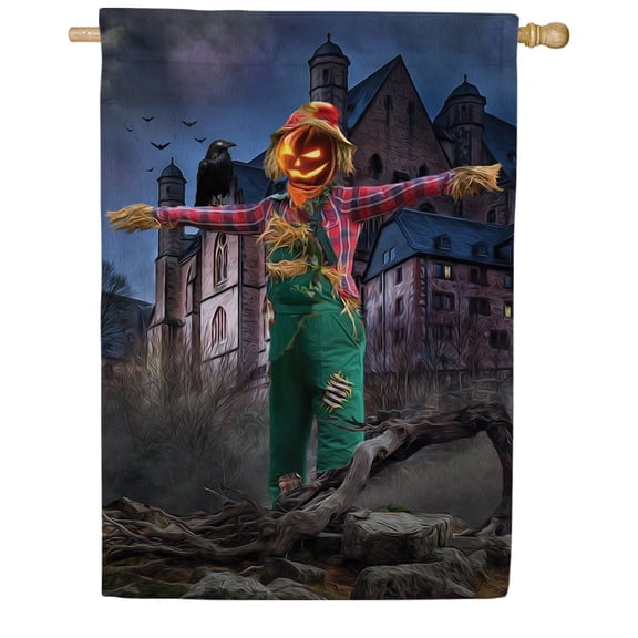 America Forever Halloween Scarecrow House Flag, Seasonal Yard Outdoor Decorative Double Sided Raven Halloween Haunted House House Flag 28 x 40 inches