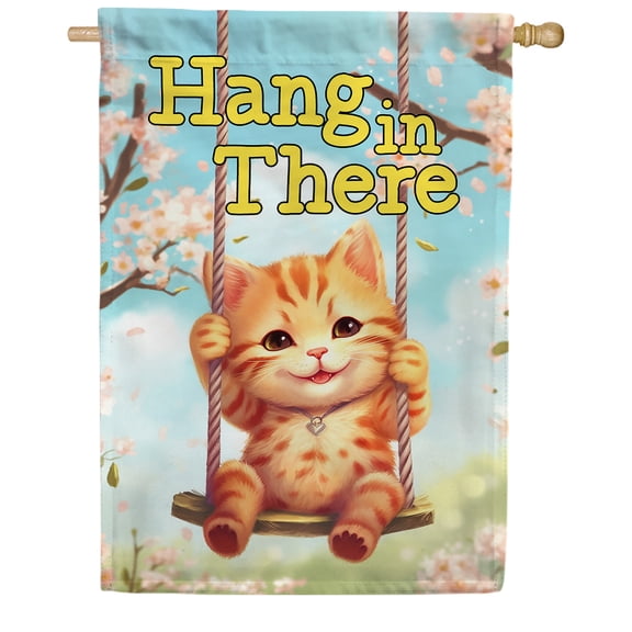 America Forever Hang In There Kitty House Flag, 28 x 40 inch Double Sided, Inspirational Cat Swing Banner, Orange Tabby Spring Blossom Outdoor Decor, Motivational Pet Yard Flag