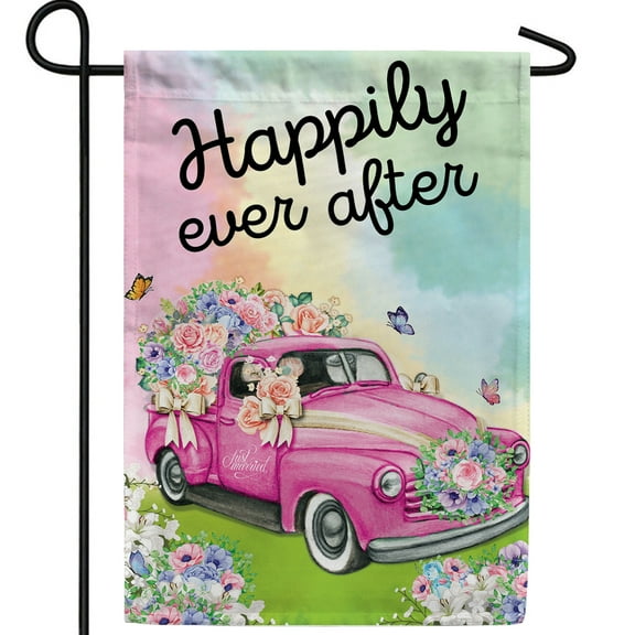 America Forever Happily Ever After Wedding Garden Flag 12.5 x 18 inch Double Sided, Floral Pink Pickup Truck Marriage Decor, Welcome Bride & Groom, Wedding, Engagement, Bridal Shower Flag