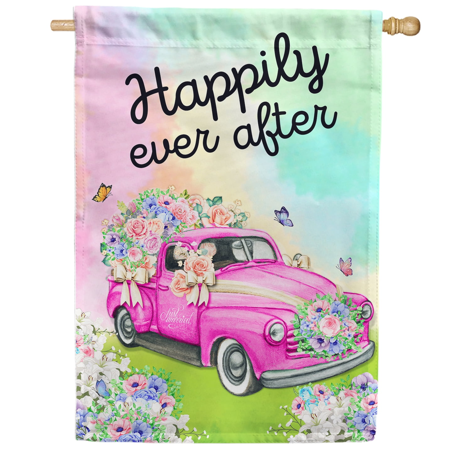 America Forever Happily Ever After Wedding House Flag 28 x 40 inch Double Sided, Floral Pink Pickup Truck Marriage Decor, Welcome Bride & Groom, Wedding, Engagement, Bridal Shower Flag