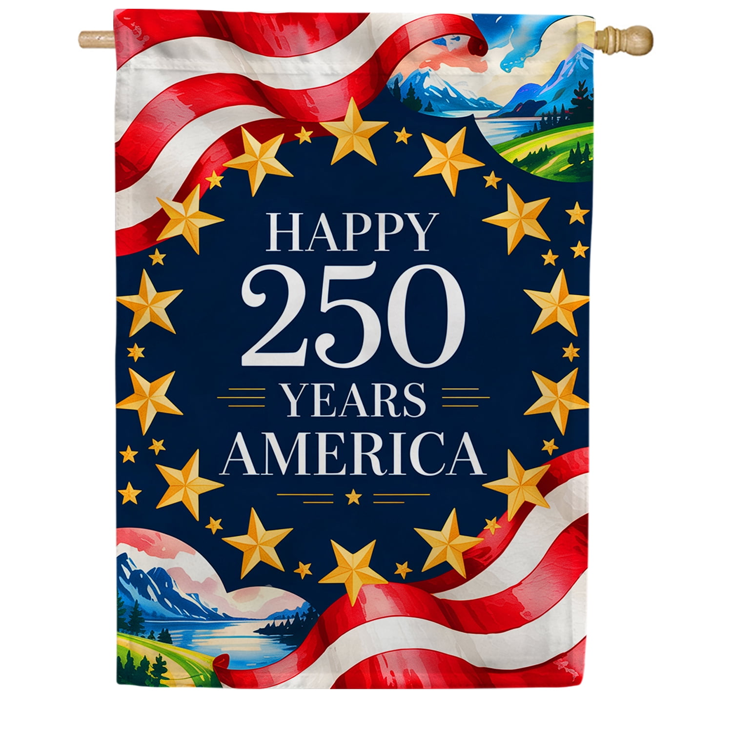 America Forever Happy 250 Years America House Flag, 28 x 40 inch Double Sided, Mountain Landscape Flag, USA Semiquincentennial, Patriotic 250th Anniversary Celebration
