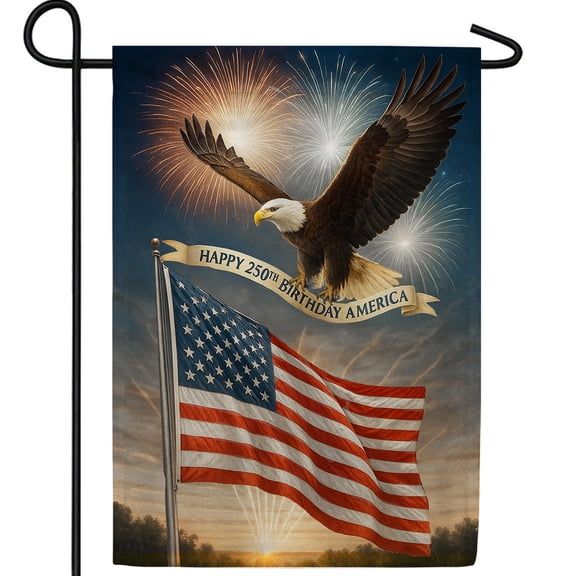 America Forever Happy 250th Birthday America Garden Flag, 12.5 x 18 inch Double Sided, Bald Eagle American Flag Fireworks, USA Semiquincentennial Patriotic Celebration