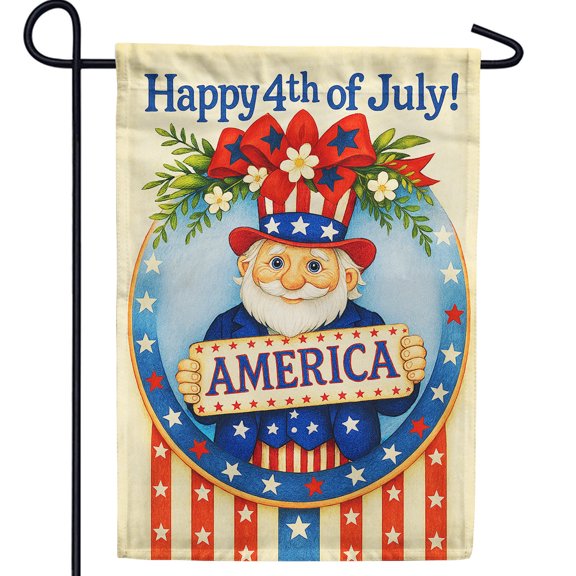 America Forever Happy 4th of July Gnome Garden Flag, 12.5 x 18 inch Double Sided, Uncle Sam Gnome, Patriotic Gnome America, Independence Day Red Bow Daisies