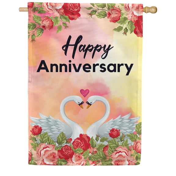 America Forever Happy Anniversary House Flag - 28 x 40 inch Double Sided, Swan Love Valentine's Day, Wedding, Anniversary Outdoor Party Decor, Married Couple Celebration Anniversary Party Flag