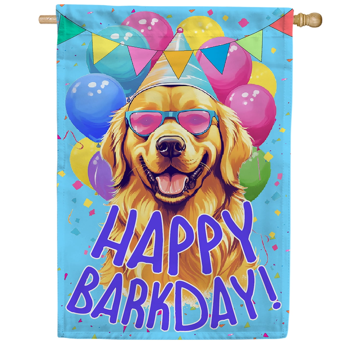 America Forever Happy Barkday House Flag 28 x 40 inch Double Sided Golden Retriever Dog Birthday Party Balloons Sunglasses Funny Pun Outdoor Yard Flag