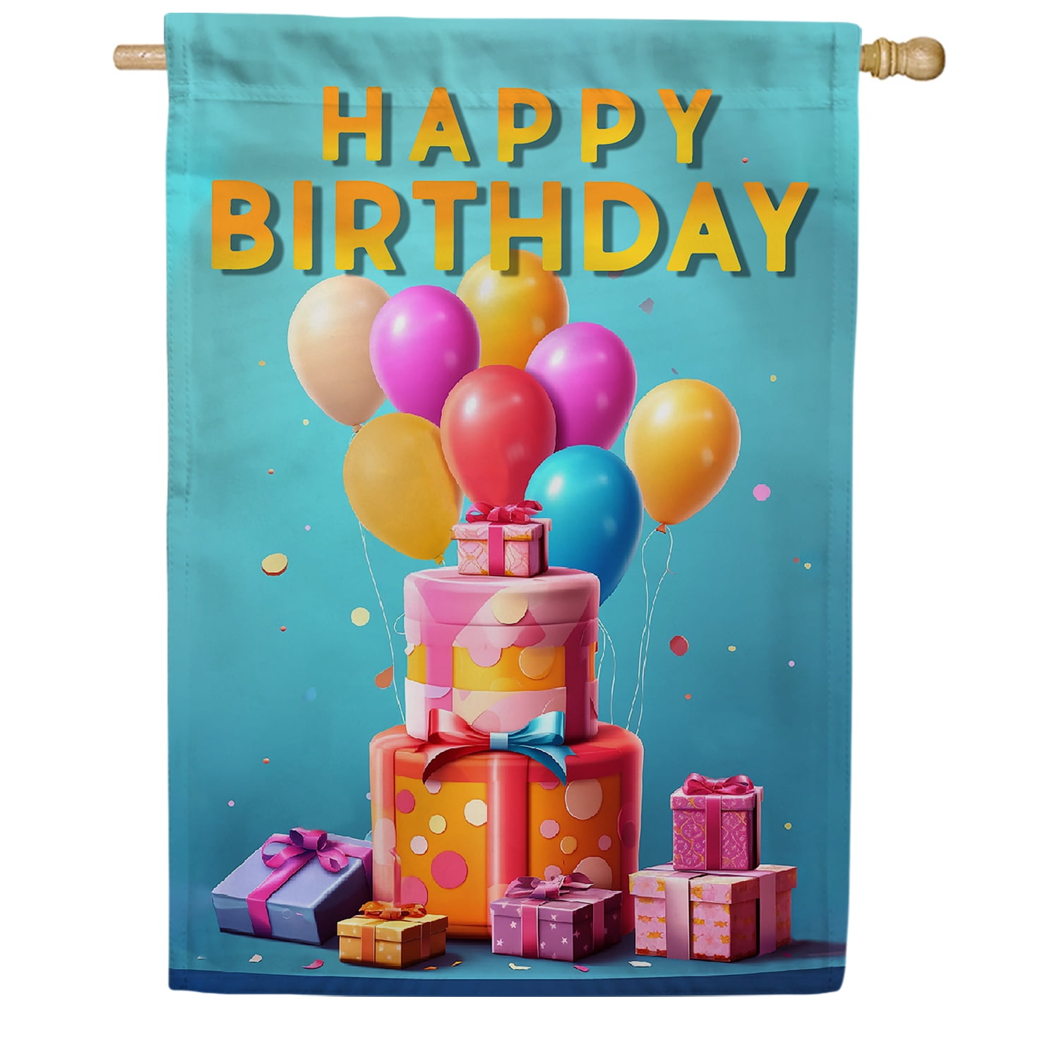 America Forever Happy Birthday House Flag 28 x 40 inch Double Sided Balloons Cake Presents Party Celebration Outdoor Yard Decorative Flag
