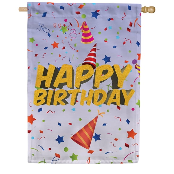 America Forever Happy Birthday Surprise Double Sided House Flag, 28 x 40 inch, Confetti Party Hats Celebration, Fun Festive Special Day Outdoor Decorations Banner