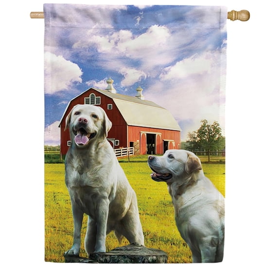 America Forever Happy Dog Red Barn Summer House Flag 28 x 40 inches Farm Animals Dog Duet Labrador Country Life Double Sided Seasonal Yard Outdoor Decorative Rustic House Flag