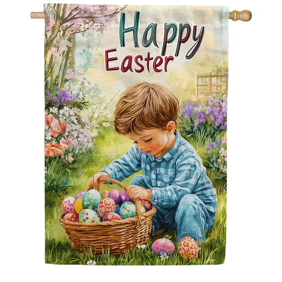 America Forever Happy Easter Boy House Flag, 28 x 40 inch Double Sided, Egg Collection Child Basket, Spring Garden Flowers, Peaceful Flag