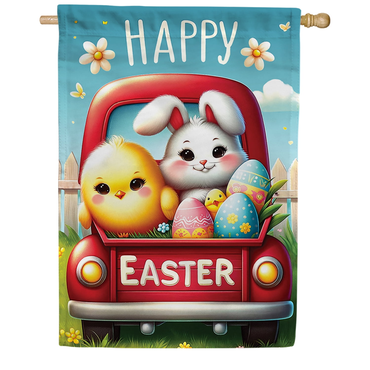 America Forever Happy Easter Bunny Chick House Flag, 28 x 40 inch Double Sided, Easter Truck Flag, Cute Easter Animals Decor, Spring Easter Celebration Yard Flag