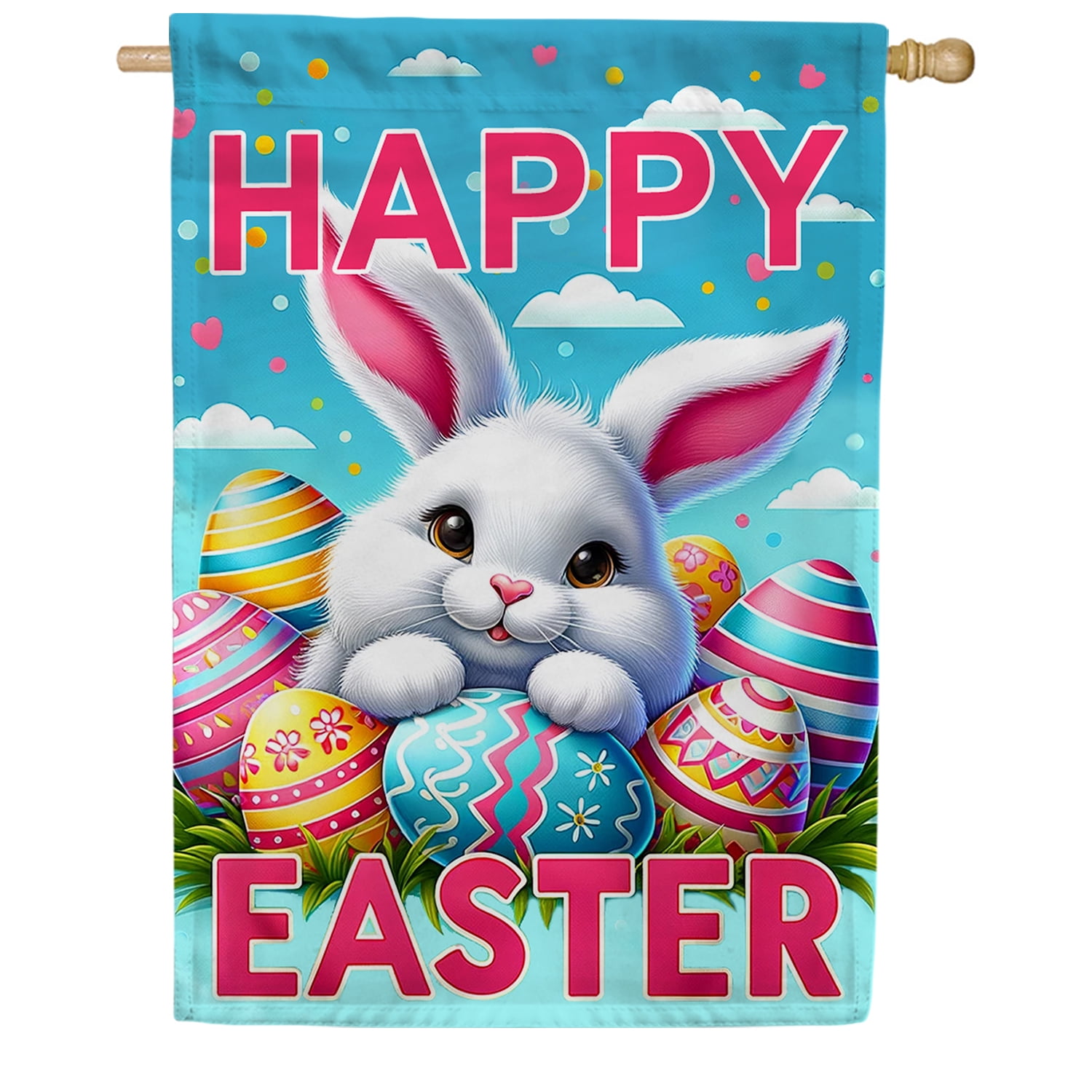 America Forever Happy Easter Bunny House Flag, 28” x 40” Double Sided, Colorful Rabbit Eggs Farmhouse Yard Outdoor Decoration, Welcome Flag for Spring Summer Home Decor