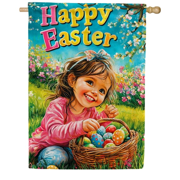America Forever Happy Easter Girl House Flag, 28 x 40 inch Double Sided, Egg Hunt Child Basket, Spring Flowers, Kids Flag