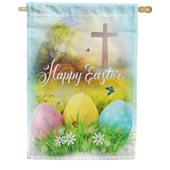 America Forever Happy Easter House Flag 28 x 40 inch Double Sided Religious Cross Flowers and Egg Small Spring Celebration Holiday Seasonal Easter Day Flags for Outdoor Yard Lawn Decoration