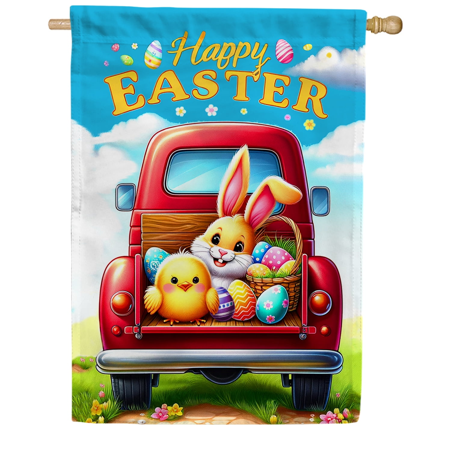 America Forever Happy Easter Truck House Flag 28 x 40 inch Double Sided Spring Rabbit Bunny Egg Chick Farmhouse Holiday Small Seasonal Flags for Outdoor Yard Lawn Decoration