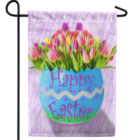 America Forever Happy Easter Tulips Garden Flag 12.5 x 18 inches Double Sided Easter Eggs Spring Tulip Flowers Seasonal Yard Lawn Outdoor Decorative Flag
