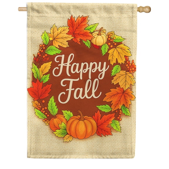 America Forever Happy Fall House Flag, 28 x 40 inch Double Sided, Autumn Wreath Decor, Fall Leaves Pumpkin Banner, Harvest Seasonal Outdoor Yard Flag