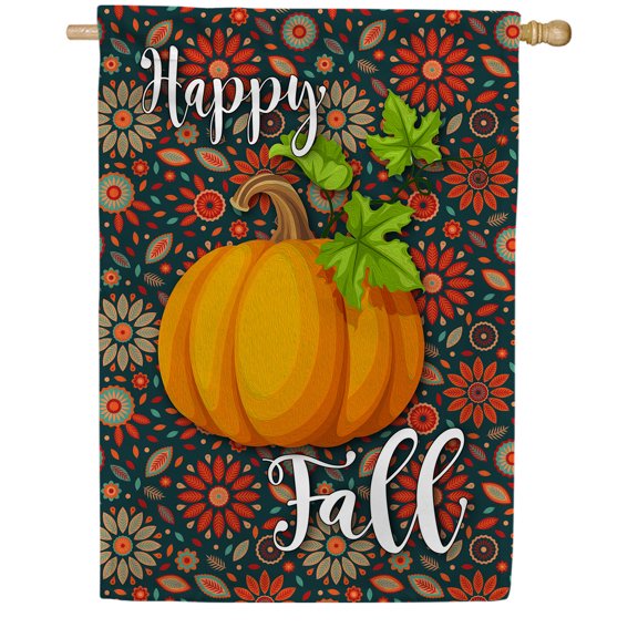 America Forever Happy Fall Pumpkin House Flag, 28 x 40 inches Double Sided, Pumpkin and Fall Flowers Garden Flags, Autumn Garden Decor, Fall Outdoor Seasonal Flags for Yard, Lawn