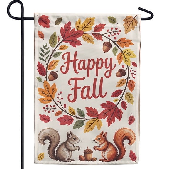 America Forever Happy Fall Squirrels Garden Flag, 12.5 x 18 inch Double Sided, Autumn Woodland Decor, Fall Leaves Acorn Banner, Harvest Animal Outdoor Yard Flag