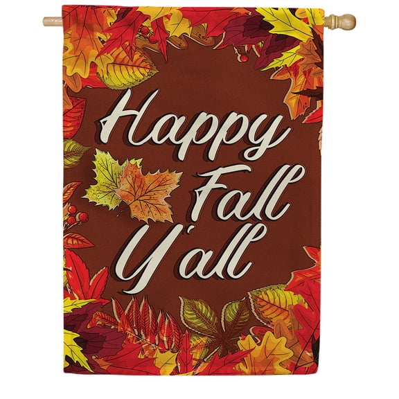 America Forever Happy Fall Y'all House Flag 28 x 40 inch Double Sided Colorful Autumn Fall Leaves Rustic Country Thanksgiving Holiday Farmhouse Seasonal Yard Patio Lawn Outdoor Decoration
