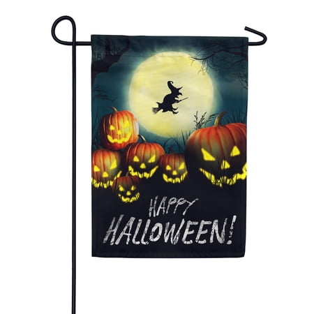 America Forever Happy Halloween Garden Flag - Moonlight Witch Flight Spooky Jack O'Lantern Pumpkin Flag - Seasonal Yard Outdoor Decorative Double Sided Flag - 12.5 x 18 Inches